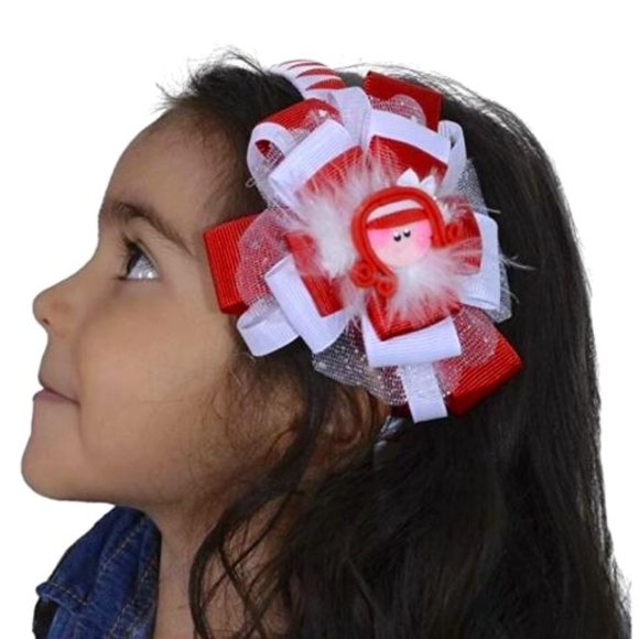 Girl's Headband Flower Design Red & White with Doll Face Charm - Picture 1 of 2